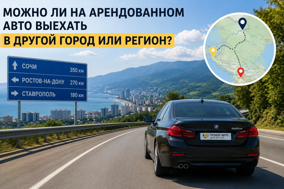 Можно ли на арендованном авто выехать в другой город или регион — BMW на трассе к морю, указатель Сочи Ростов Ставрополь