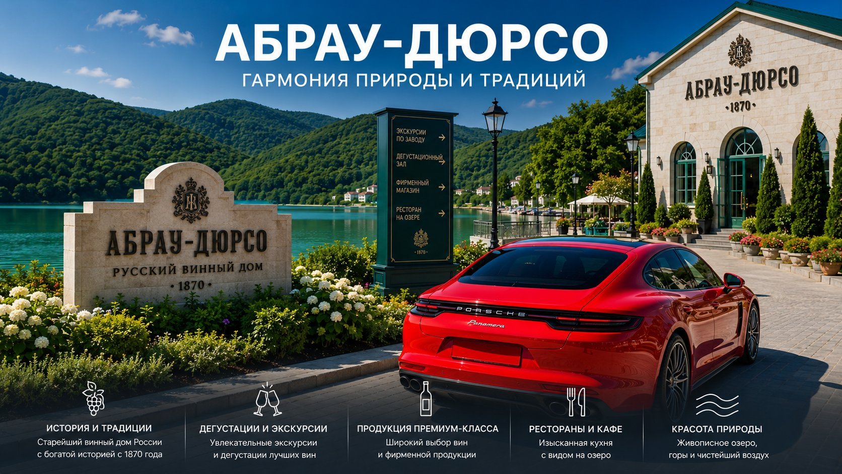 Аренда авто в Краснодаре для поездки в Абрау-Дюрсо — Porsche Panamera на набережной у озера Абрау и завода шампанских вин «Абрау-Дюрсо»