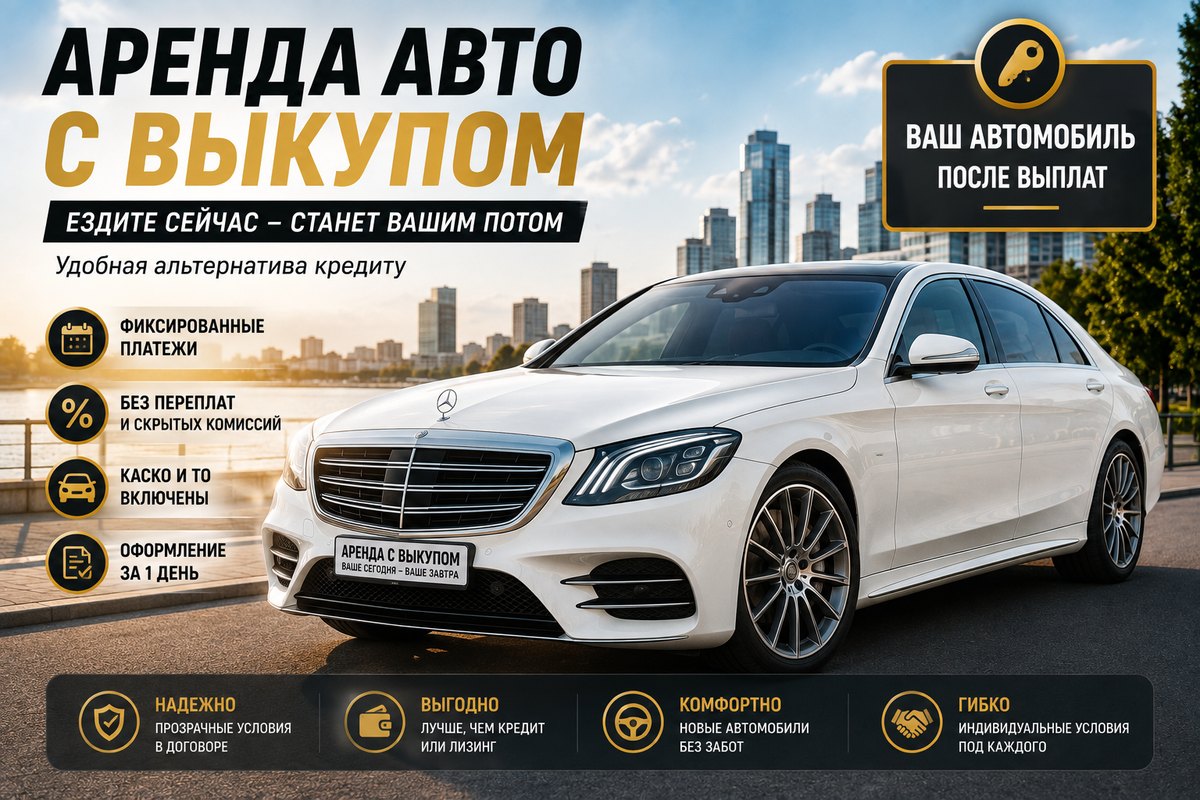 Аренда авто с выкупом: белый Mercedes S-класса и условия договора — фиксированные платежи, без переплат, КАСКО и ТО включены, оформление за один день