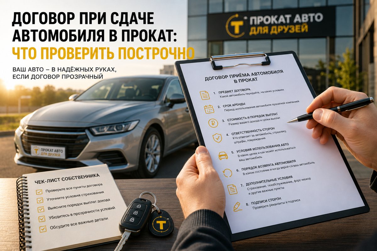 Собственник подписывает договор передачи автомобиля в прокат и сверяется с чек-листом