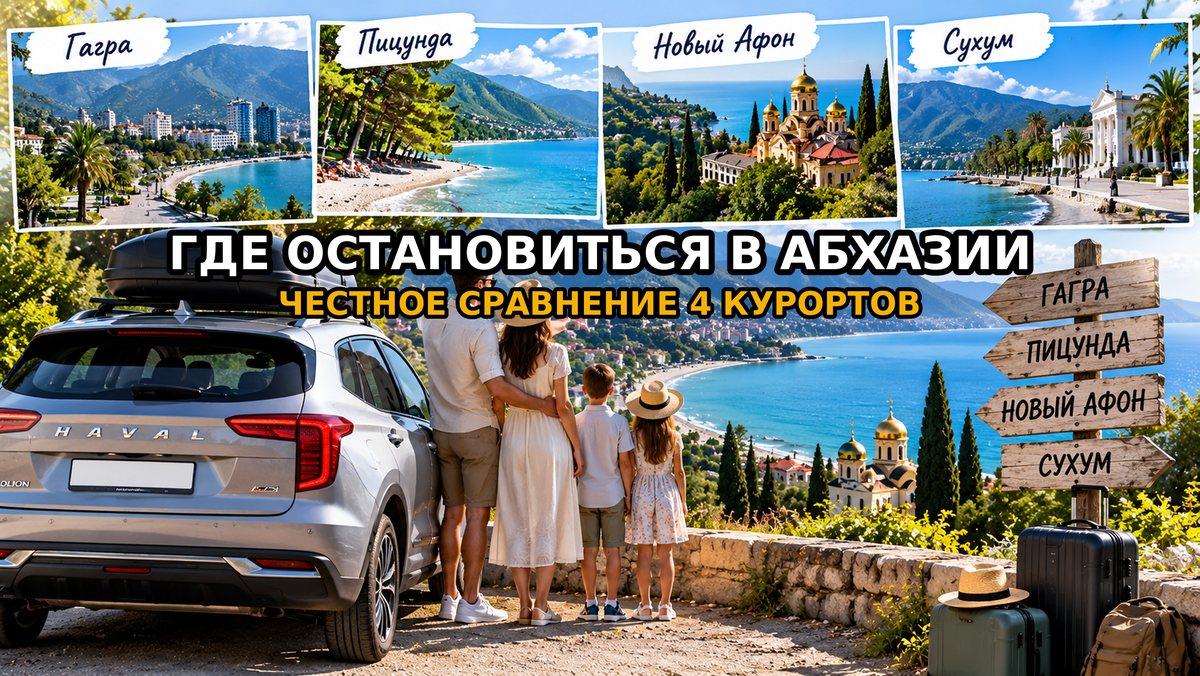 Где остановиться в Абхазии — семья у машины выбирает между Гагрой, Пицундой, Новым Афоном и Сухумом