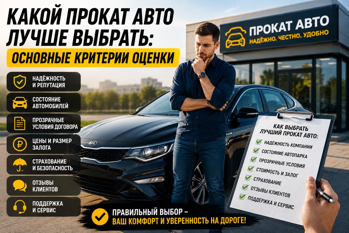 Как выбрать прокат авто: клиент у офиса прокатной компании и чек-лист из семи критериев оценки — надёжность, состояние парка, условия договора, залог, страховка, отзывы, сервис