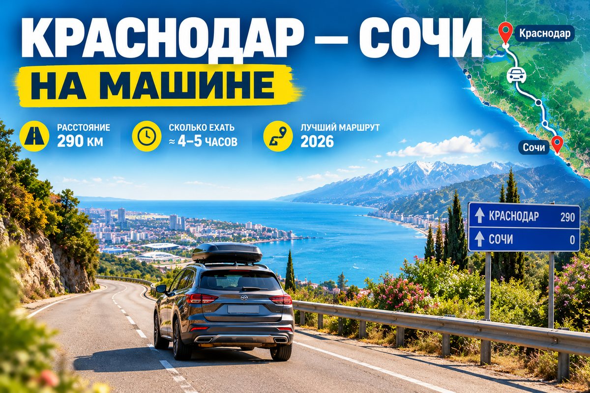 Краснодар — Сочи на машине: расстояние 290 км, время в пути 4–5 часов, маршрут вдоль моря