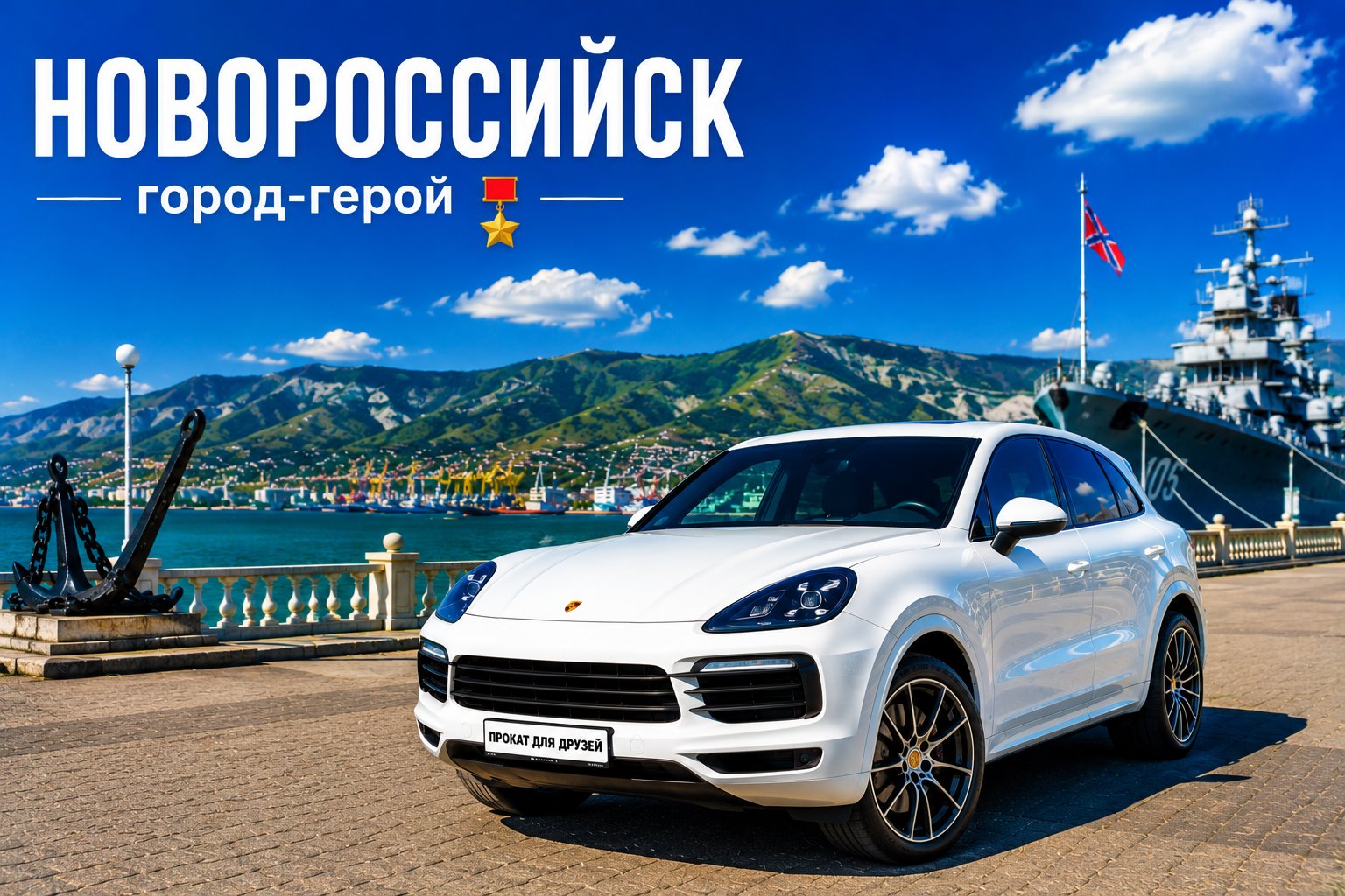 Аренда авто в Краснодаре для поездки в Новороссийск — Porsche Cayenne на набережной Адмирала Серебрякова у крейсера «Михаил Кутузов» и якоря, Цемесская бухта