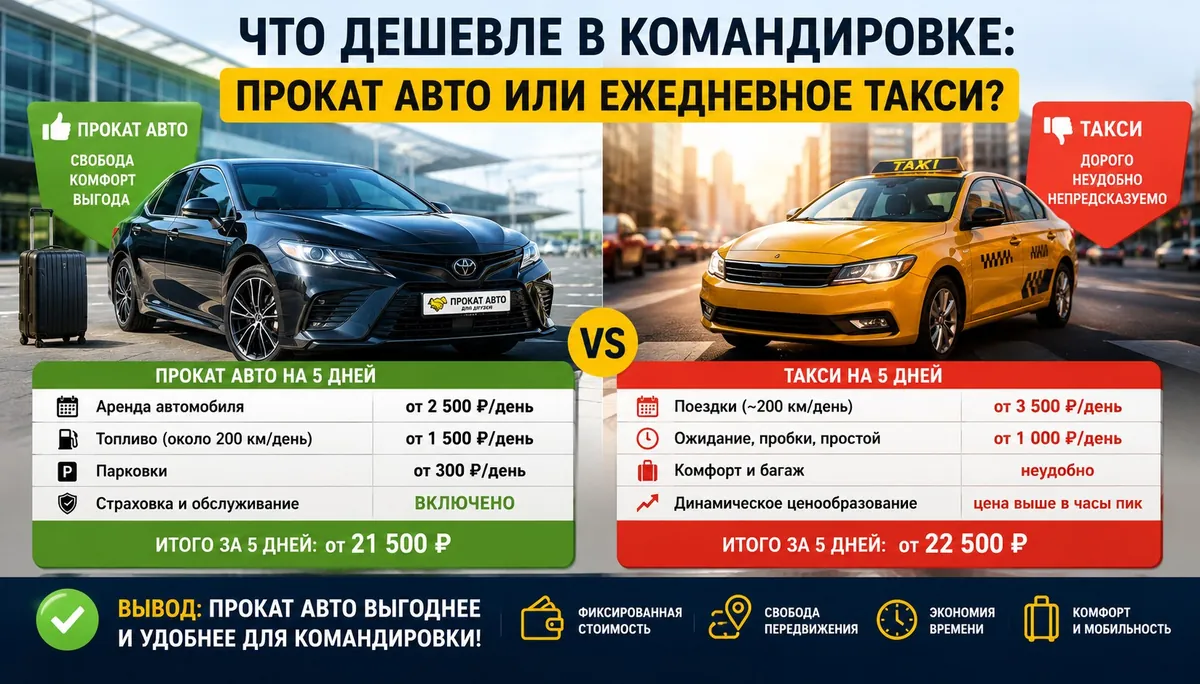 Инфографика: прокат авто от 21500 ₽ против такси от 22500 ₽ за 5 дней командировки — что дешевле