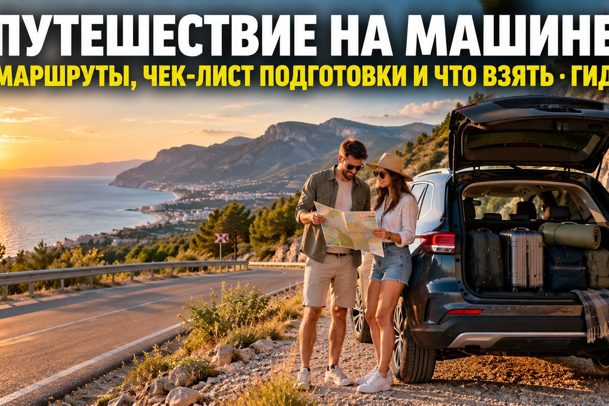 Путешествие на машине — пара с картой у автомобиля на дороге вдоль моря: маршруты и подготовка к автопутешествию